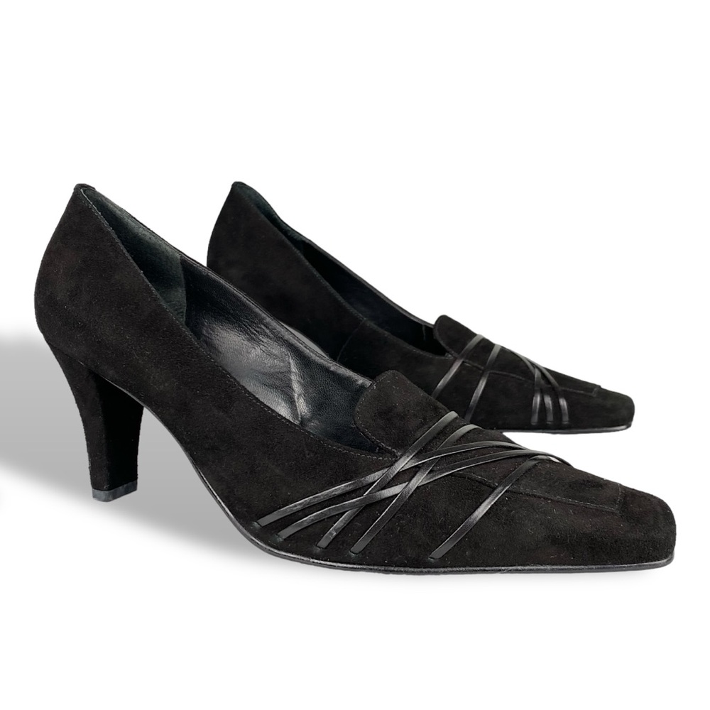 Werner Black Suede Brazilian Leather Square Toe Loafer Strap Pump Heel Sz 7.5